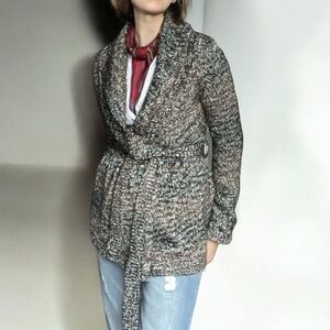 525 America Ombre Peplum Belted Wrap Cardigan Sweater Black Gray Wool Blend Sm